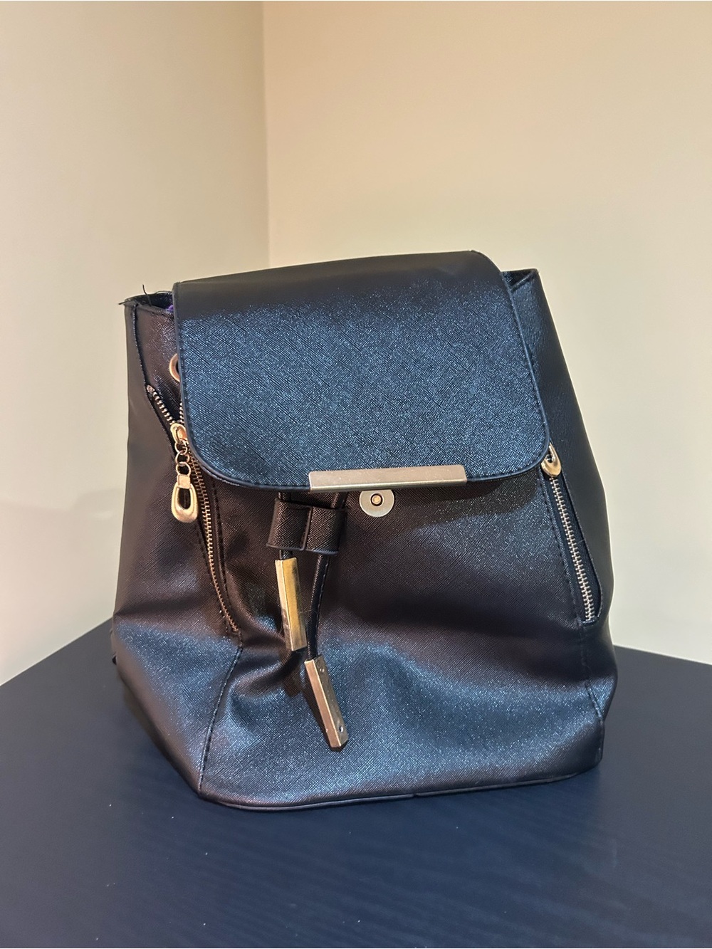 Black Women's Backpack Purse with Gold Accents